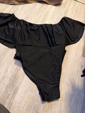 white birch Black Off-Shoulder Ruffle One-Piece Swimsuit